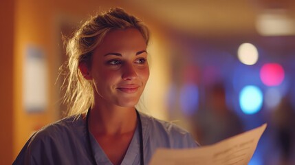 Fototapeta premium A nurse in scrubs, gently holding a patient’s chart, soft hospital lighting, empathetic expression