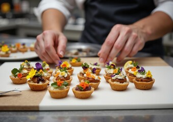 Elegant floral garnished tartlets for culinary events and fine dining experiences