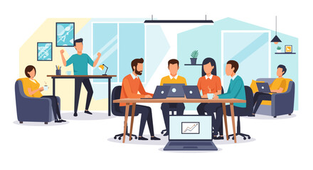 Diverse team collaborates in a modern office, discussing ideas around a table with laptops and enjoying a positive work atmosphere.