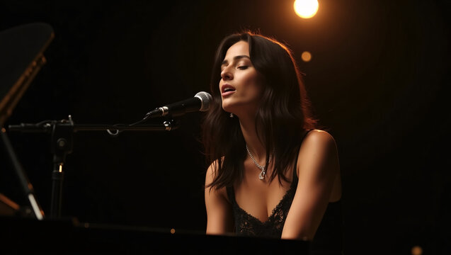 A woman in a black dress sings into a microphone, with a piano and stage lights in the background.