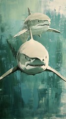 Great White Sharks Swimming Underwater, Impasto Style, Painted Look, Teal and White Tones