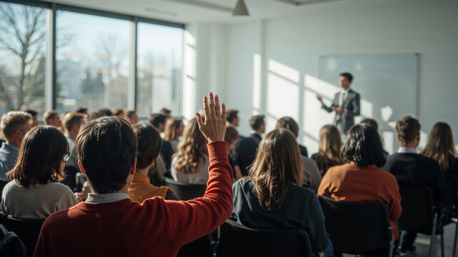 Student raising hand asking question during presentation in conference room
