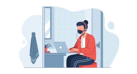 Fototapeta premium An illustrated person wearing a face mask and headphones works diligently on a laptop in a small, confined bathroom setting, symbolizing remote work challenges.