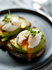 Delicious Avocado Toast with Poached Eggs, Microgreens, and Chili Flakes on Dark Plate.