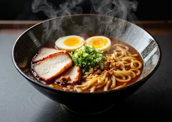 Steaming spicy tonkotsu ramen bowl with pork and vegetables for asian culinary delights