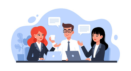 Three diverse business professionals are actively collaborating and communicating during a productive team meeting in a modern office setting.