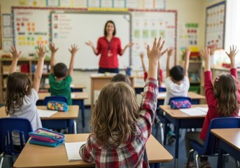 Engaged elementary school students eagerly raise their hands to answer questions in a bright classroom