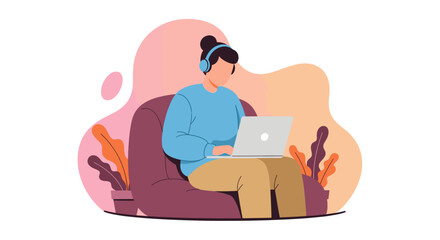 A woman enjoys working remotely on her laptop while listening to music through headphones, relaxing in a comfortable beanbag chair with plants.