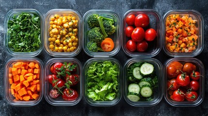Prepared, colorful vegetables in clear containers, ready for meal prep