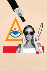 Collage of person standing under symbolic eye representing control surveillance spying manipulation...