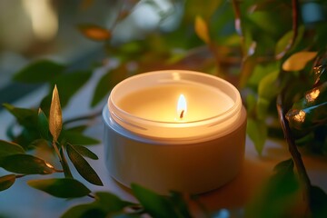 Glowing Jar Candle with Flame Surrounded by Greenery for Spa Relaxation Concept