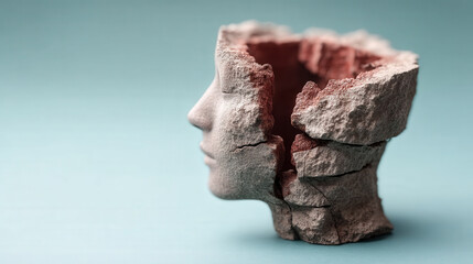 Mental Health Boredom Overthinking Concept, Pink ceramic sculpture depicting mental health and overthinking through fragmented head experiencing