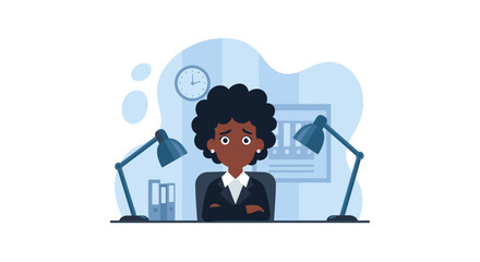 An illustration of a worried African American businesswoman feeling stressed and overwhelmed while sitting at her office desk.