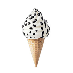 A soft-serve ice cream cone with vanilla-flavored ice cream and dark chocolate cookie crumbles, served in a crispy waffle cone