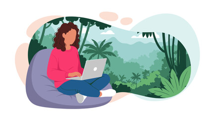 Fototapeta premium An illustrated woman comfortably works on her laptop from a cozy bean bag, conceptually set against a vibrant, lush jungle background, symbolizing remote work freedom.