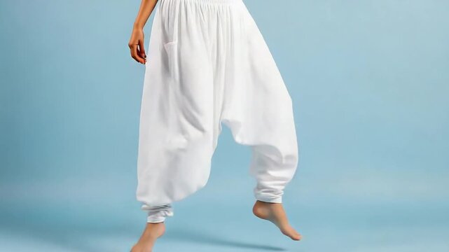 Dynamic Movement in Flowing White Harem Pants Against a Soothing Sky Blue Background