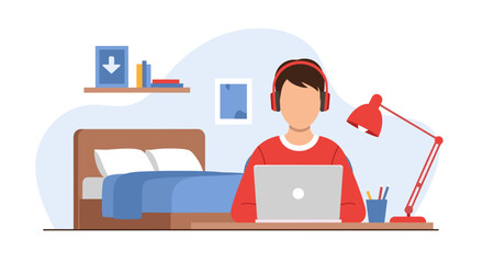 Vector illustration depicting a person with headphones focused on a laptop, working or studying from their comfortable bedroom environment.