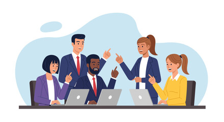 Diverse business professionals collaborate during a meeting, brainstorming ideas and working on laptops, fostering teamwork and communication in a modern office setting.