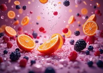Vibrant fruit explosion with citrus and berries in colorful splash for creative design