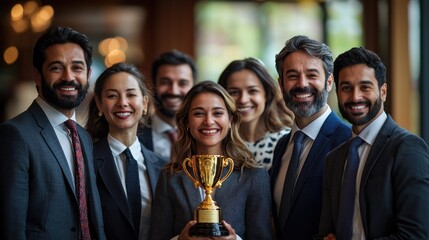Successful business team holding trophy