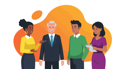 Four diverse business professionals, including an older man and younger colleagues, engage in a collaborative discussion, symbolizing teamwork and corporate communication in a modern setting.