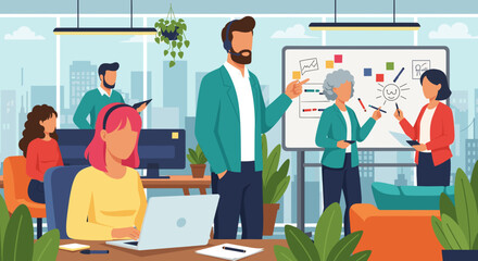 Diverse business professionals actively collaborate in a modern, open-plan office, engaging in strategic discussions and productive teamwork.