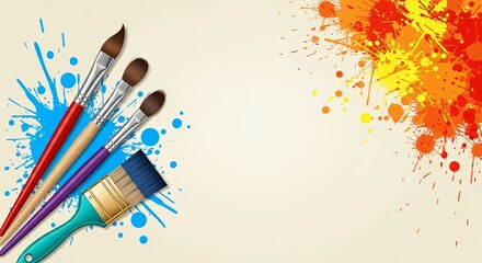 A collection of paintbrushes with colorful paint splatters on a light background art illustration