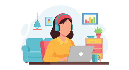 A young woman wearing headphones works on her laptop from home, creating a cozy and productive atmosphere with a couch, lamp, and colorful decor.