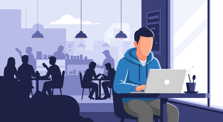 Young man works on laptop in a modern cafe, other customers are visible in the background, enjoying coffee and conversation, creating a bustling atmosphere.