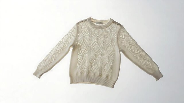 Elegant Cream Cable Knit Sweater Showcasing Intricate Textured Patterns on Isolated Background