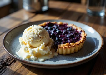 Blueberry tart with vanilla ice cream on rustic table in sunlit cafe setting