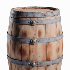 Fototapeta premium Classic Wooden Barrel: A beautifully crafted wooden barrel, its staves bound by weathered metal hoops, embodies rustic charm and the rich tradition of storage and aging. 