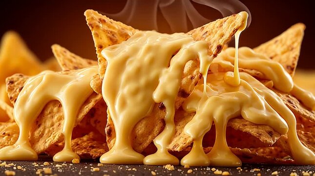 tasty and yummy nachos with melted and dripping cheese sauce, hot and delicious