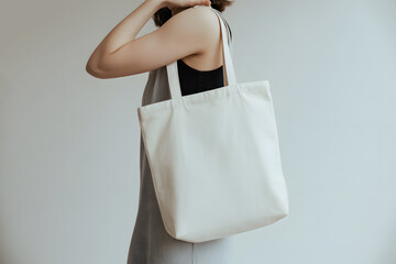 Woman carries a simple, stylish white tote bag over her shoulder indoors.
