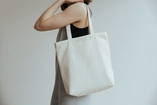Woman carries a simple, stylish white tote bag over her shoulder indoors.