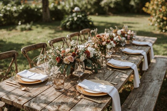 Rustic outdoor wedding table setting with natural wood and floral centerpieces for elegant garden reception
