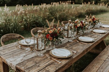Beautiful wedding reception table decoration with wooden elements and white flowers for outdoor celebration
