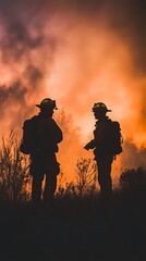 Firefighters Silhouetted Against Orange Smoke, Courageously Facing Inferno, Wearing Protective Gear and Backpacks