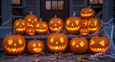 Obraz premium A collection of artistically and intricately carved pumpkins, with different expressions and patterns, some lit from within, arranged on a rustic porch at dusk. Dry autumn leaves and natural cobwebs c