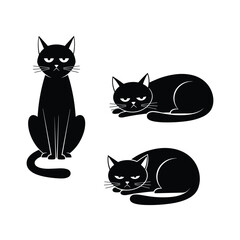 Three grumpy black cats sitting and lying down illustration