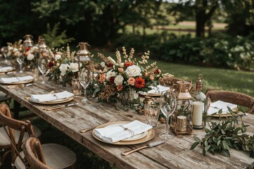 Elegant rustic wedding table setup with natural wood and floral arrangements for garden party reception
