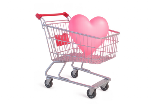 Shopping cart carrying a big pink heart on transparent background