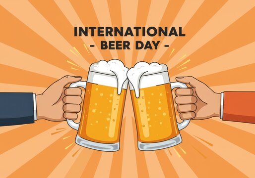 Hands clinking beer mugs celebrating international beer day with frothy heads