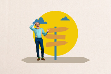 3D collage poster template trend artwork sketch of aged man stand finger point choose way direction...