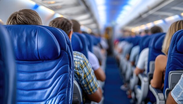 an airplane cabin with blue seats and people sitting in their chairs, an interior shot from the back. - Powered by Adobe