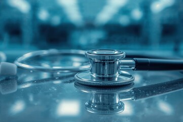 Obraz premium Medical stethoscope instrument on blue background perfect for healthcare and medical training photography 