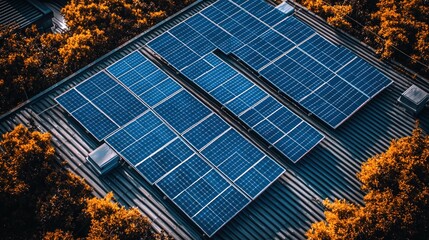 Rooftop solar panels on a metal roof, surrounded by autumnal trees