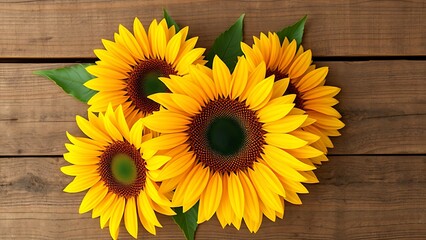 Sunflowers arranged on a rustic wooden surface with warm natural lighting.