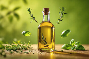 A glass bottle filled with golden olive oil sits on a wooden surface, surrounded by floating basil and rosemary leaves.