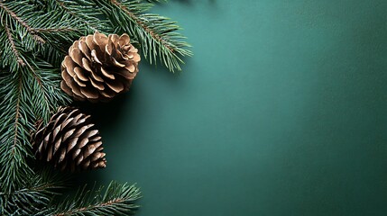 Festive Pine Branches and Pinecones on Green Background with Space for Text